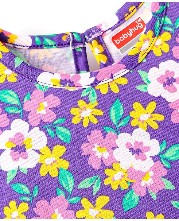 Babyhug Cotton Knit Half Sleeves Nighty With Floral Print - Purple