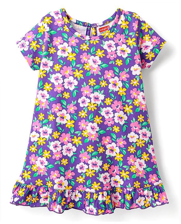 Babyhug Cotton Knit Half Sleeves Nighty With Floral Print - Purple