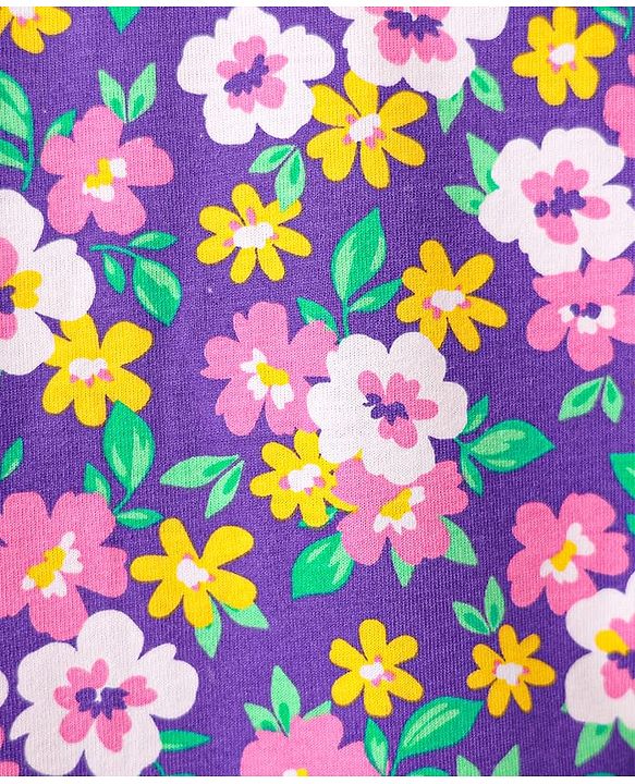 Babyhug Cotton Knit Half Sleeves Nighty With Floral Print - Purple