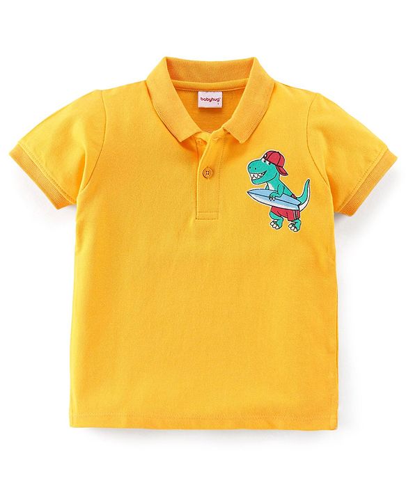Babyhug 100% Cotton Knit Half Sleeves Polo T-Shirt with Dino Print - Yellow