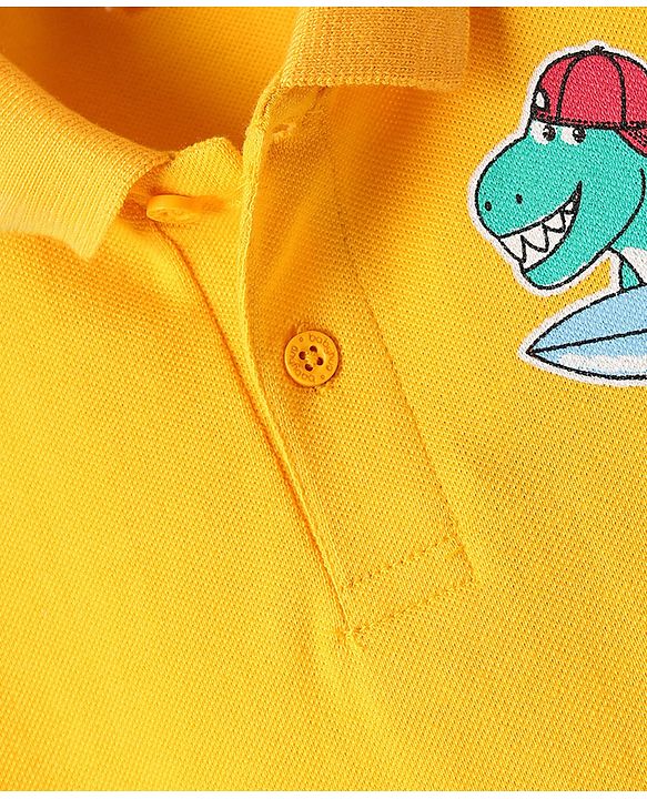 Babyhug 100% Cotton Knit Half Sleeves Polo T-Shirt with Dino Print - Yellow