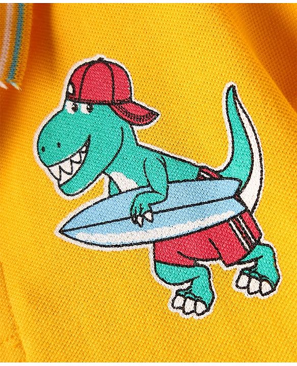 Babyhug 100% Cotton Knit Half Sleeves Polo T-Shirt with Dino Print - Yellow