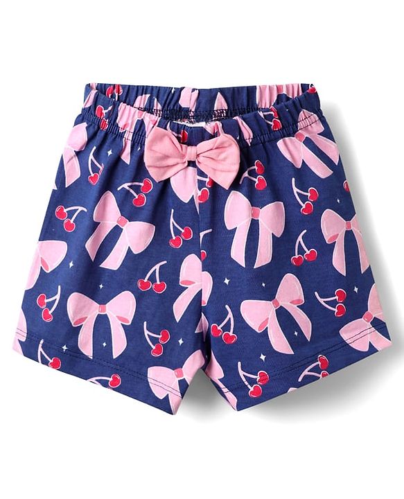 Babyhug Cotton Knit Half Sleeves Shorts Co-ord Night Suit With Bow - Navy Blue