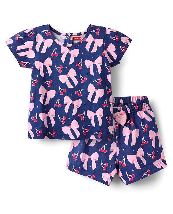 Babyhug Cotton Knit Half Sleeves Shorts Co-ord Night Suit With Bow - Navy Blue