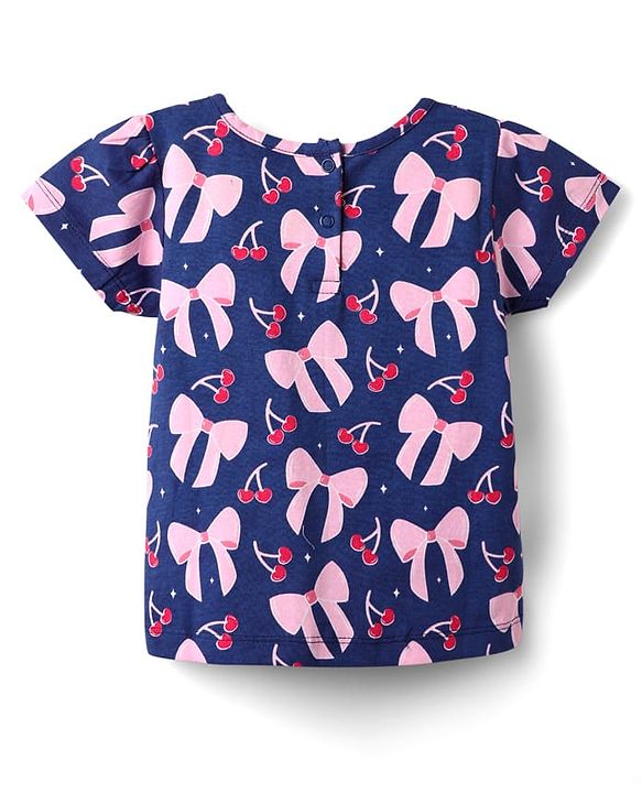 Babyhug Cotton Knit Half Sleeves Shorts Co-ord Night Suit With Bow - Navy Blue