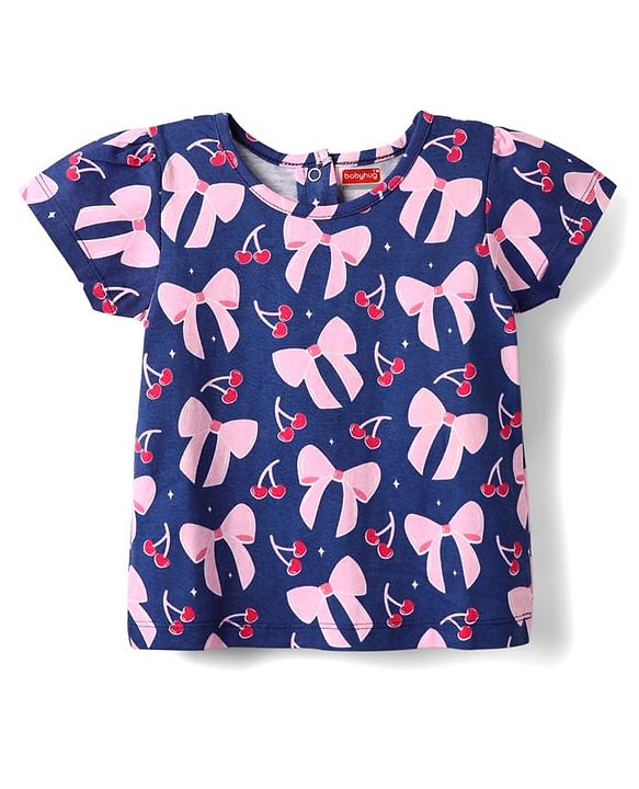 Babyhug Cotton Knit Half Sleeves Shorts Co-ord Night Suit With Bow - Navy Blue