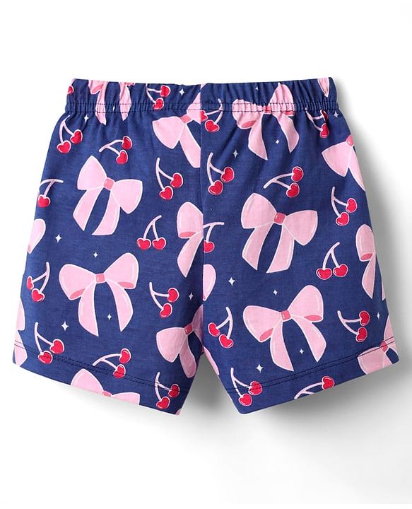 Babyhug Cotton Knit Half Sleeves Shorts Co-ord Night Suit With Bow - Navy Blue