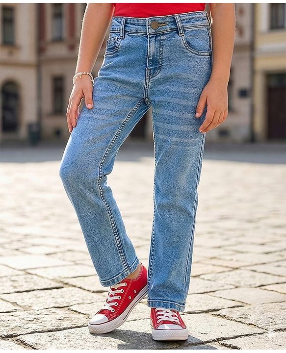 Pine Kids Denim Woven Full Length Washed Jeans-Blue