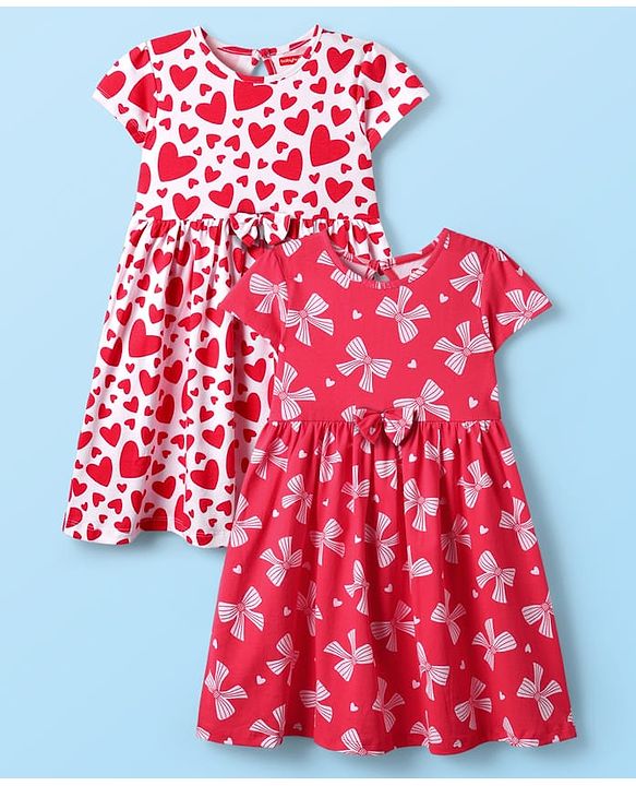 Babybug 100% Cotton Half Sleeves Hearts & Bow Printed Frocks With Bow Applique Pack Of 2 - Red