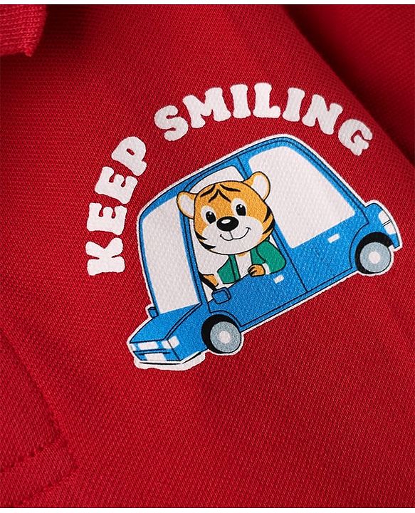 Babyhug 100% Cotton Knit Half Sleeves Polo T- Shirt with Tiger Print - Red