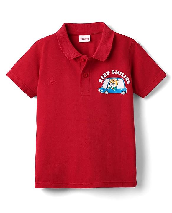 Babyhug 100% Cotton Knit Half Sleeves Polo T- Shirt with Tiger Print - Red