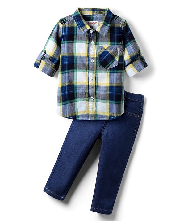 Babyhug Cotton Woven Full Sleeves Checkered Shirt & Denim Jeans Set - Navy Blue
