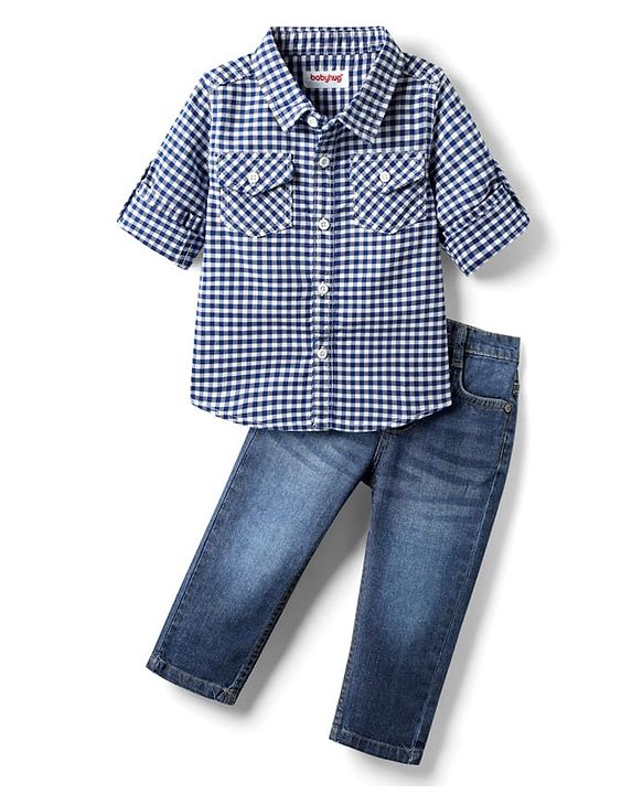Babyhug Cotton Woven Full Sleeves Checks Shirt & Denim Jeans Set - Blue