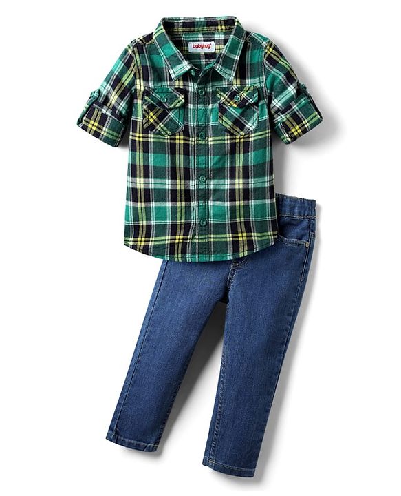 Babyhug Cotton Woven Full Sleeves Checks Shirt & Denim Jeans Set - Green & Blue