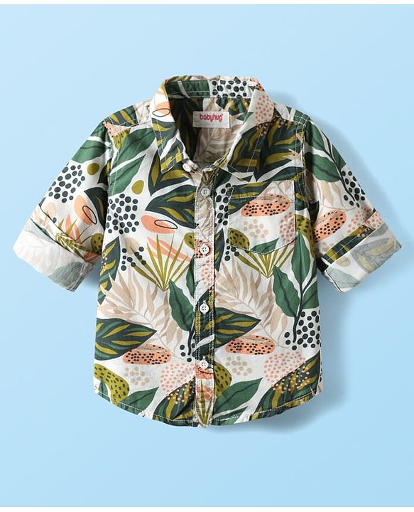 Babyhug 100% Cotton Woven Full Sleeves Shirt & Trouser Set With Leaf Print - Olive Green