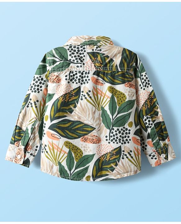 Babyhug 100% Cotton Woven Full Sleeves Shirt & Trouser Set With Leaf Print - Olive Green