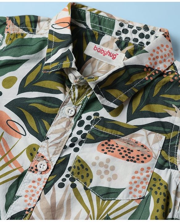 Babyhug 100% Cotton Woven Full Sleeves Shirt & Trouser Set With Leaf Print - Olive Green