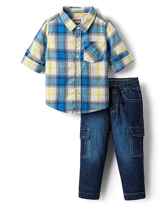 Babyhug Cotton Woven Full Sleeves Checks Shirt & Denim Jeans Set - Blue