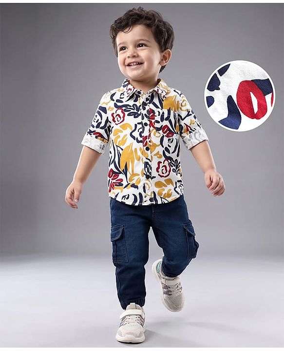 Babyhug Cotton Woven Full Sleeves Shirt and Jeans with Floral Print - White & Navy Blue