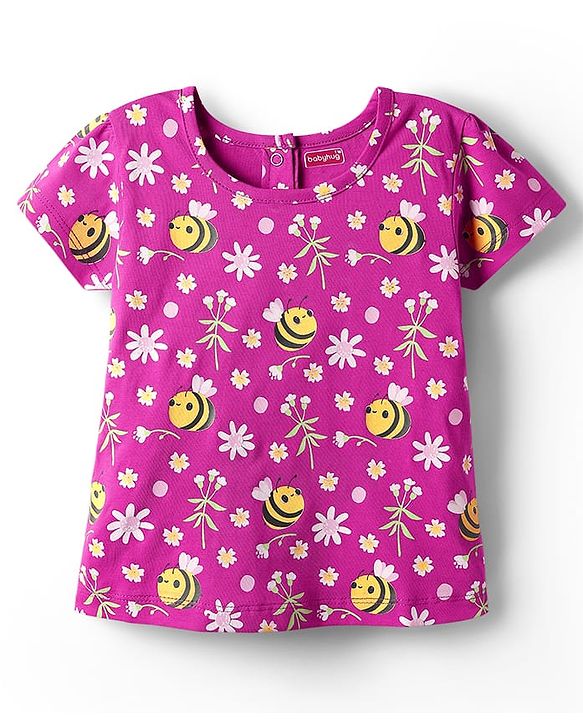 Babyhug Cotton Knit Half Sleeves Shorts Co-ord Night Suit With Bee & Floral Print - Dark Pink