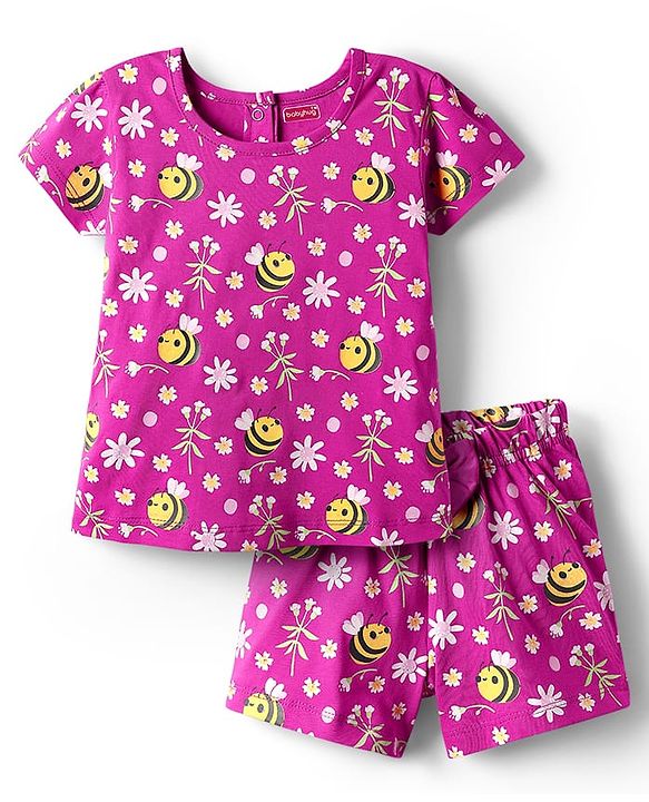 Babyhug Cotton Knit Half Sleeves Shorts Co-ord Night Suit With Bee & Floral Print - Dark Pink