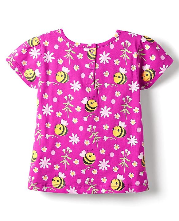 Babyhug Cotton Knit Half Sleeves Shorts Co-ord Night Suit With Bee & Floral Print - Dark Pink