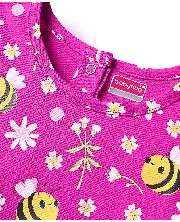 Babyhug Cotton Knit Half Sleeves Shorts Co-ord Night Suit With Bee & Floral Print - Dark Pink
