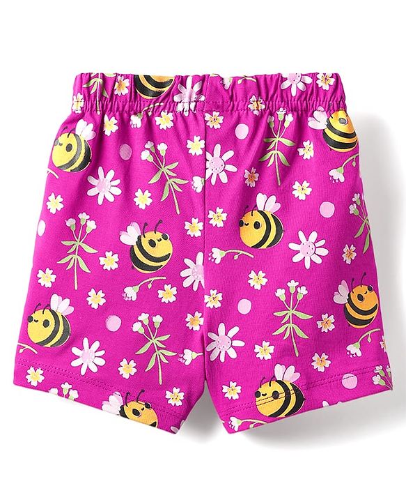 Babyhug Cotton Knit Half Sleeves Shorts Co-ord Night Suit With Bee & Floral Print - Dark Pink
