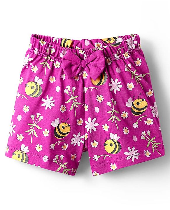 Babyhug Cotton Knit Half Sleeves Shorts Co-ord Night Suit With Bee & Floral Print - Dark Pink