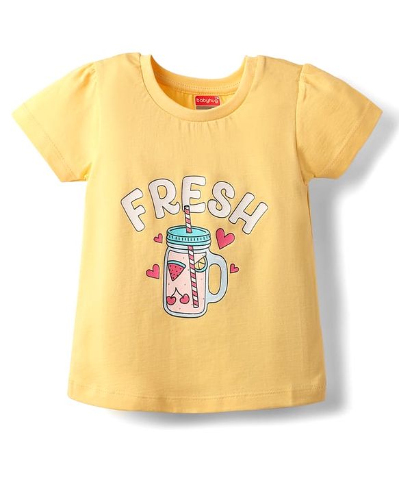 Babyhug Cotton Knit Half Sleeves Shorts Night Suit With Fresh Text Print & Bow Applique  - Yellow & Pink