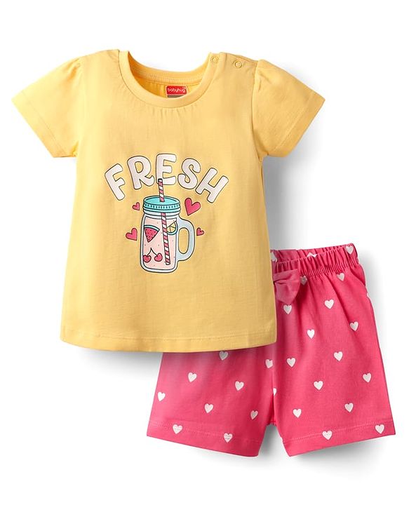 Babyhug Cotton Knit Half Sleeves Shorts Night Suit With Fresh Text Print & Bow Applique  - Yellow & Pink