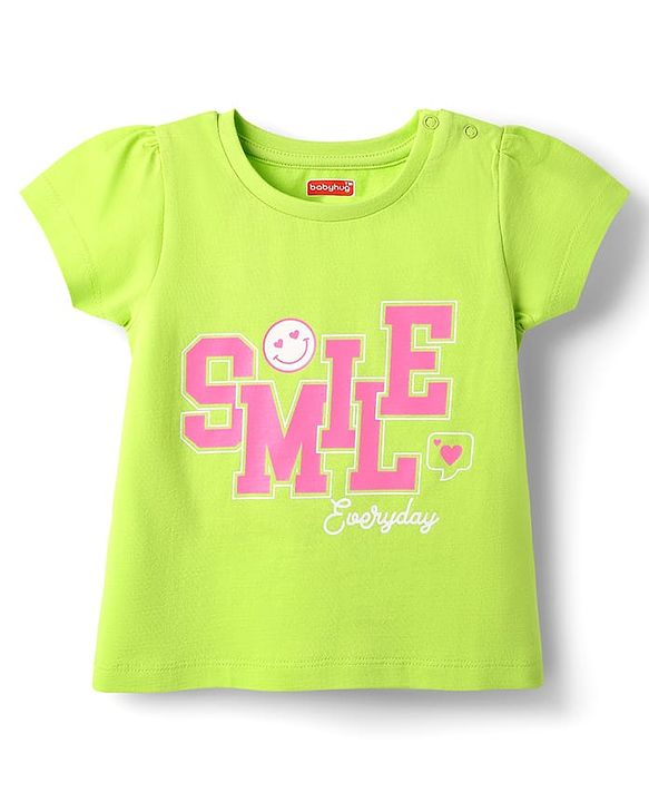 Babyhug Cotton Knit Half Sleeves Shorts Night Suit With Smile Text Print - Lime Green