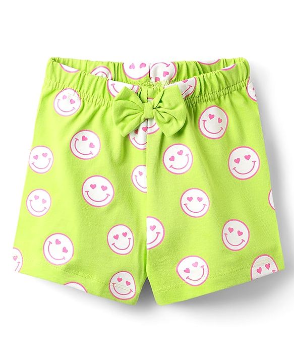Babyhug Cotton Knit Half Sleeves Shorts Night Suit With Smile Text Print - Lime Green