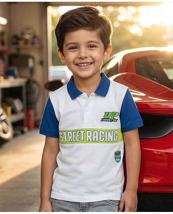 Babyhug 100% Cotton Knit Half Sleeve Polo T-Shirt with Street Racing Text Print - White & Blue