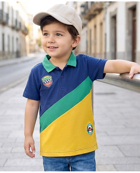 Babyhug 100% Cotton Knit Half Sleeves Cut & Sew Polo T-Shirt With Badge Print - Navy Blue & Yellow