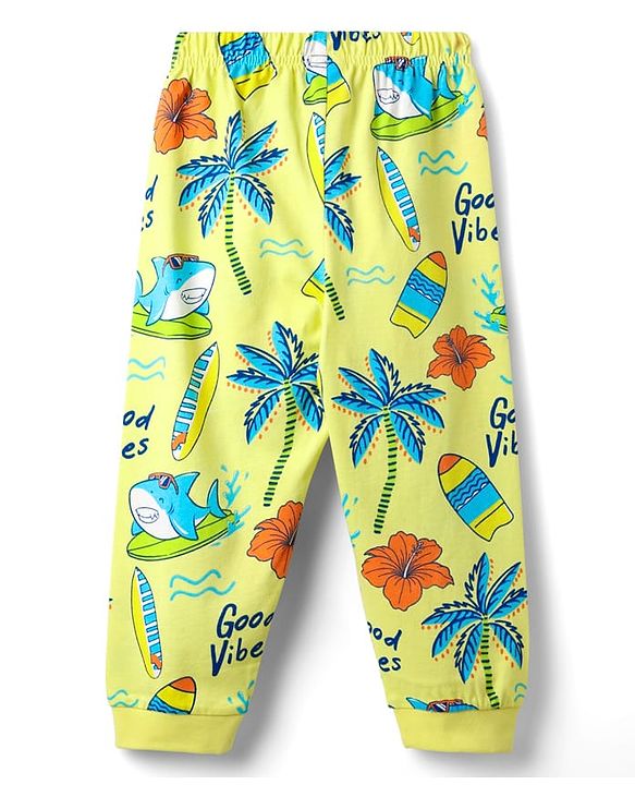 Babyhug Cotton Knit Half Sleeves Co-Ord Night Suit With Beach Theme Print - Yellow