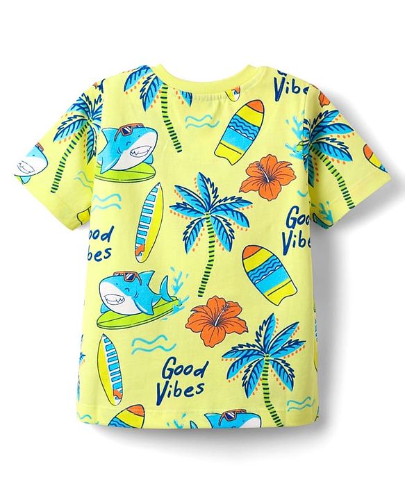 Babyhug Cotton Knit Half Sleeves Co-Ord Night Suit With Beach Theme Print - Yellow