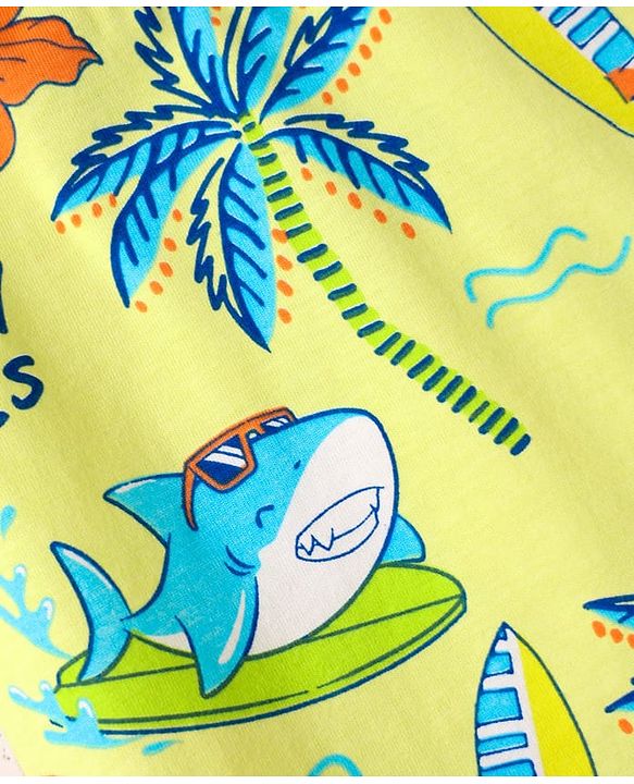 Babyhug Cotton Knit Half Sleeves Co-Ord Night Suit With Beach Theme Print - Yellow
