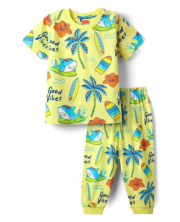 Babyhug Cotton Knit Half Sleeves Co-Ord Night Suit With Beach Theme Print - Yellow
