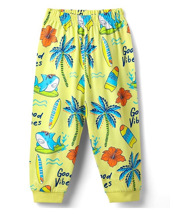 Babyhug Cotton Knit Half Sleeves Co-Ord Night Suit With Beach Theme Print - Yellow