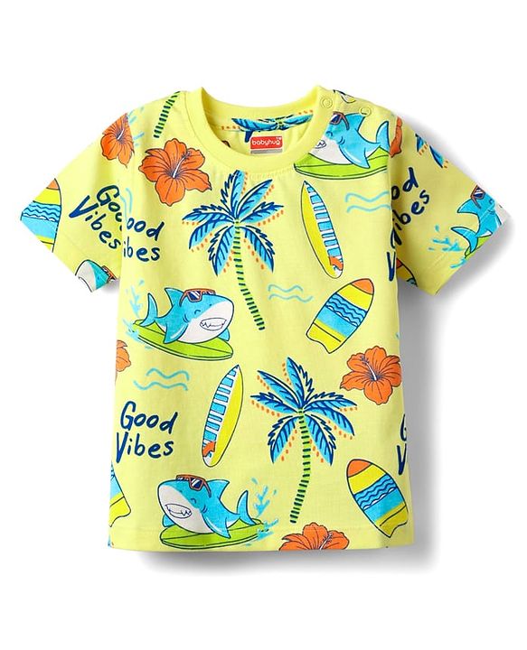 Babyhug Cotton Knit Half Sleeves Co-Ord Night Suit With Beach Theme Print - Yellow