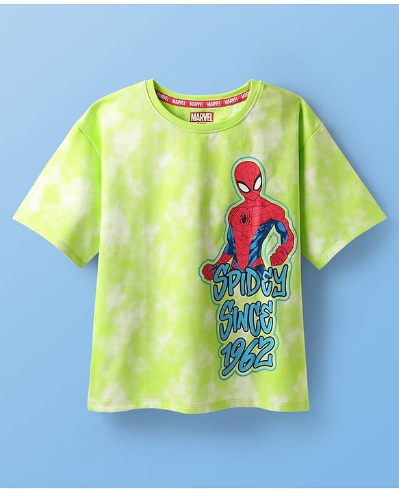 Pine Kids Marvel Single Jersey Knit  Drop Shoulder Half Sleeves T-Shirt With Front And Back Spider-Man Graphics And Ombre Effect - Limegreen