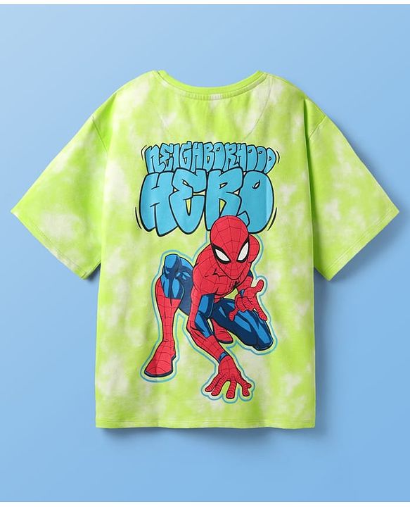 Pine Kids Marvel Single Jersey Knit  Drop Shoulder Half Sleeves T-Shirt With Front And Back Spider-Man Graphics And Ombre Effect - Limegreen