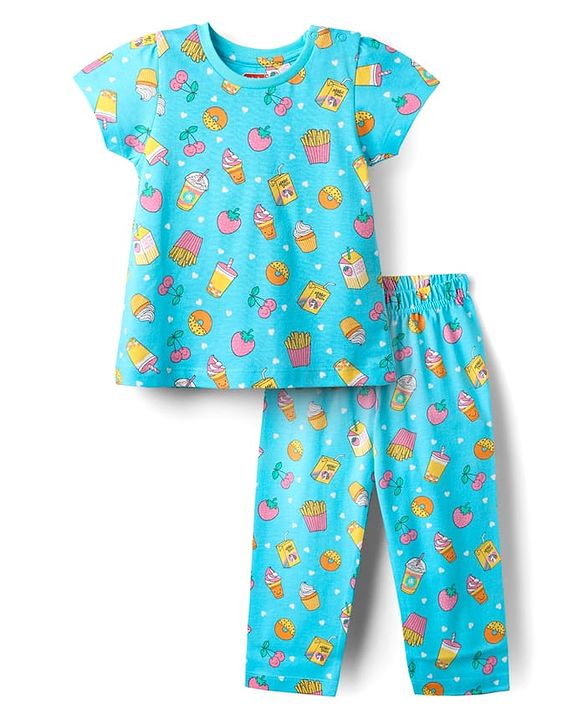 Babyhug Cotton Knit Half Sleeves Co-Ord Night Suit With Tropical Print - Light Blue