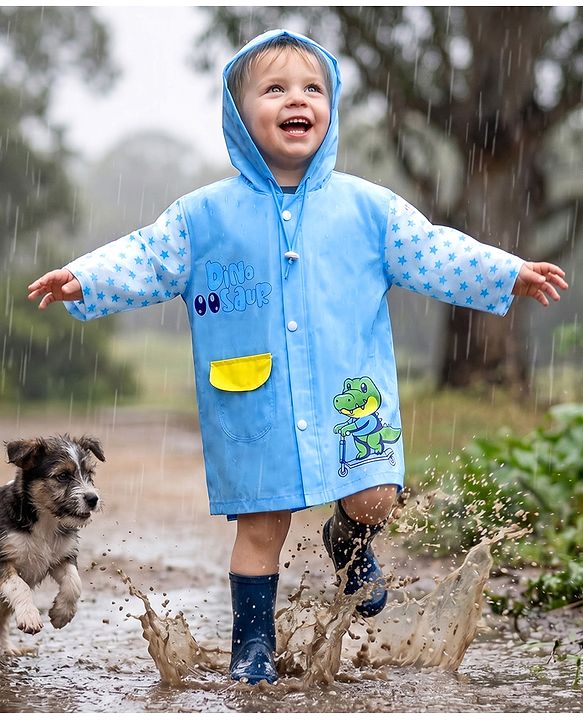 Babyhug Full Sleeves Below Knee Length Hooded Raincoat With Dinosaur & Star Print - Blue