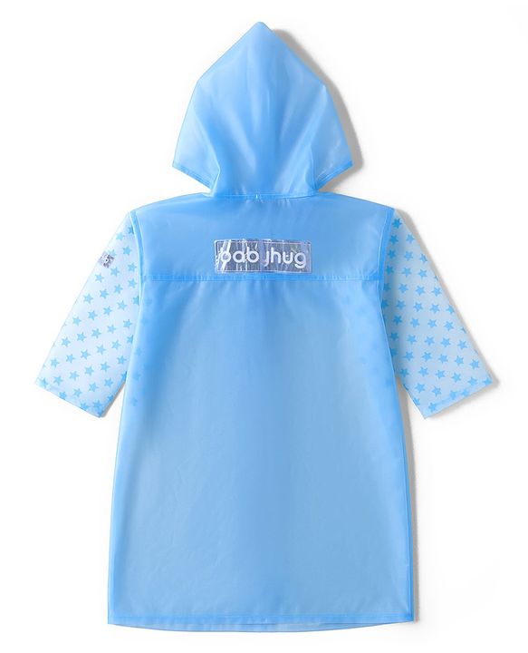 Babyhug Full Sleeves Below Knee Length Hooded Raincoat With Dinosaur & Star Print - Blue