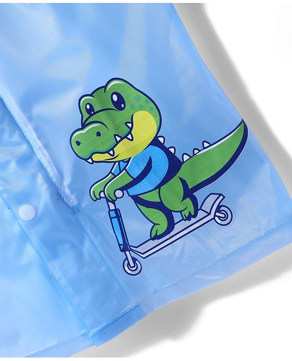 Babyhug Full Sleeves Below Knee Length Hooded Raincoat With Dinosaur & Star Print - Blue