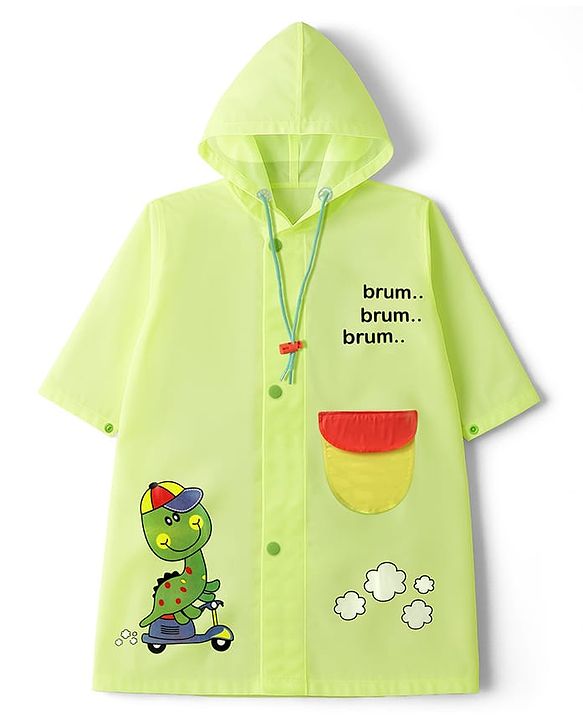 Babyhug Full Sleeves Hooded Raincoat with Dino Print - Limegreen