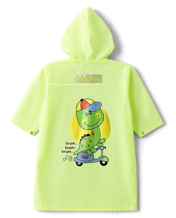 Babyhug Full Sleeves Hooded Raincoat with Dino Print - Limegreen