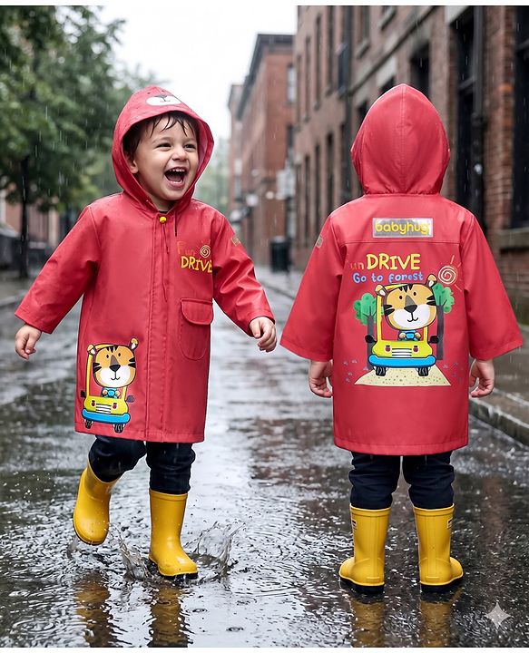 Babyhug Full Sleeves Hooded Raincoat With Tiger Print - Red